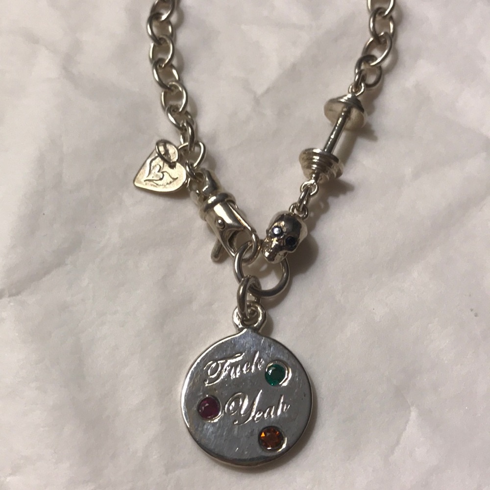 FuxkYeah skull & dumbbell silver bracelet